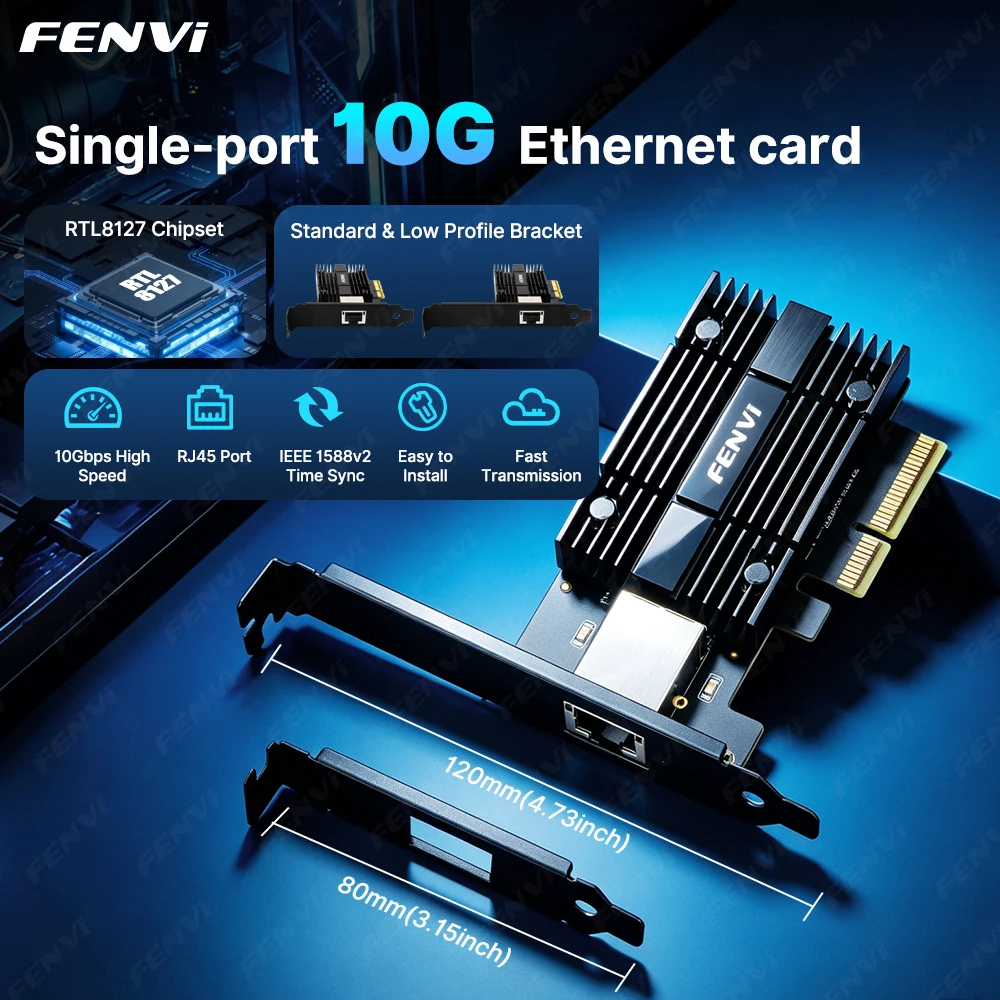 Фото Сетевая карта FENVI 10Gb PCIe 3.0 X4 RTL8127 RJ45 Ethernet LAN-адаптер Multi-Gig 10G/5G/2.5G/1Gbps для настольных ПК Windows/Linux №1