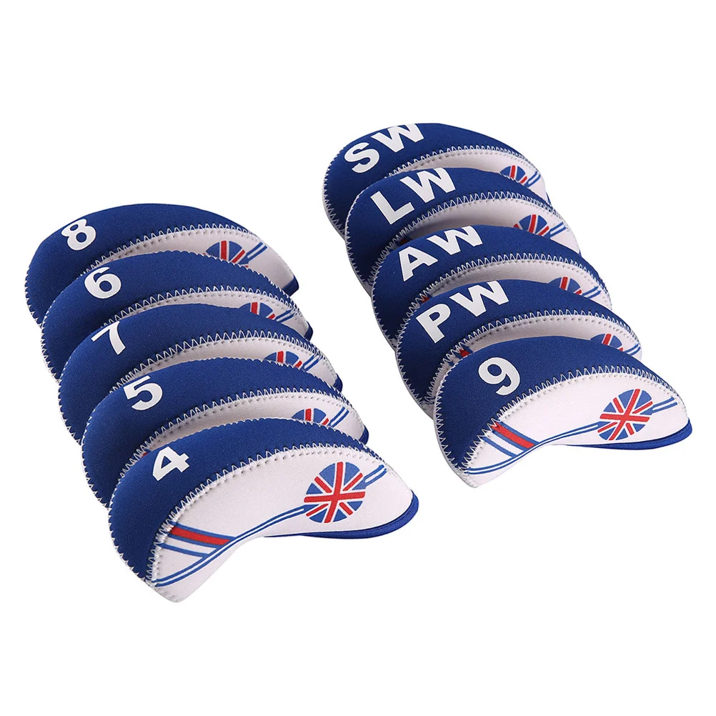 

10 PCS Head Covers Club Covers British Neoprene Club Headcovers Iron Putter Headcover Putter Head Protector Set (White and Blue)