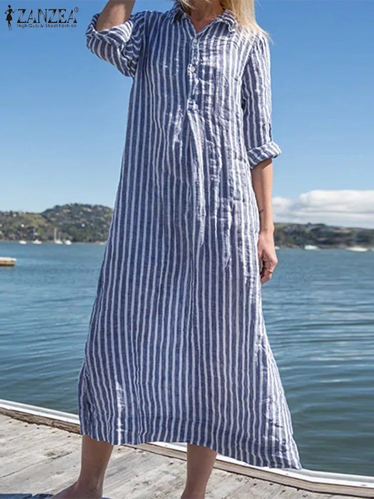 2023 ZANZEA Fashion Women Summer Elegant Lapel Neck Long Sleeve Striped Shirt Dress Robe Femme Work Vestido Mid-calf Sundress