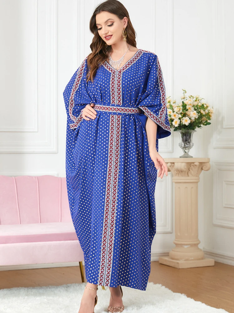 

Dubai Muslim Dress Turkey Batwing Abaya Contrast Color Print Polka Dot Half Sleeve Belted Dress Casual Moroccan Caftan Ramadan