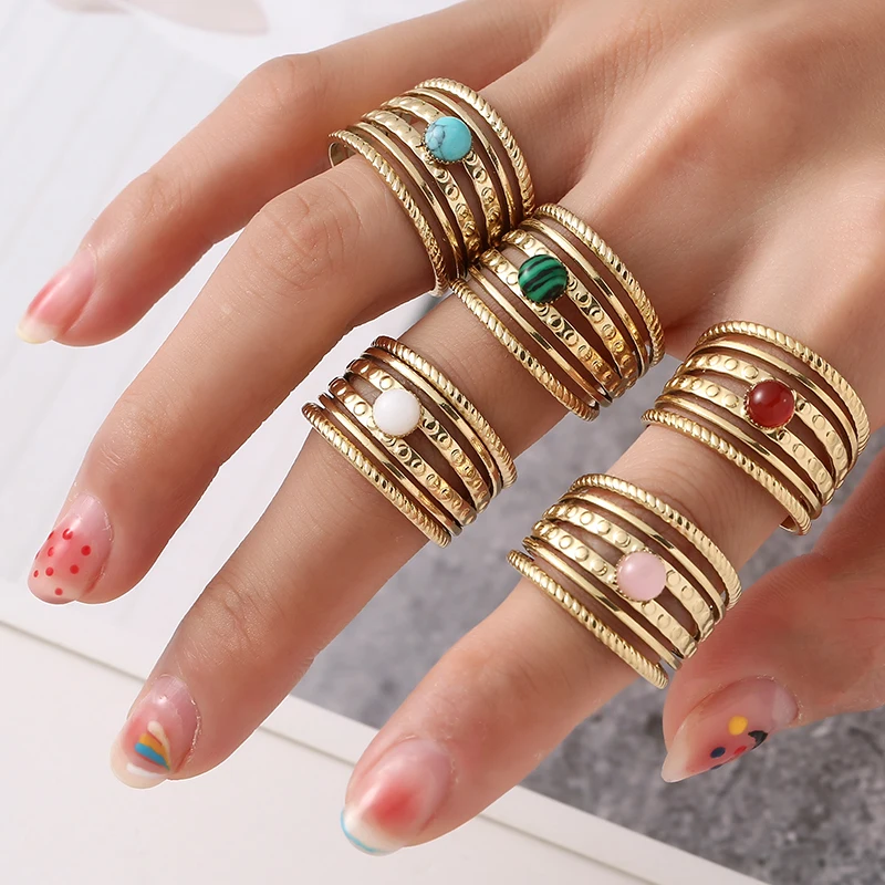 

Classic Vintage Nature Stones Hollow Finger Rings For Women Adjustable Opening Rings Stainless Steel Fashion Jewelry