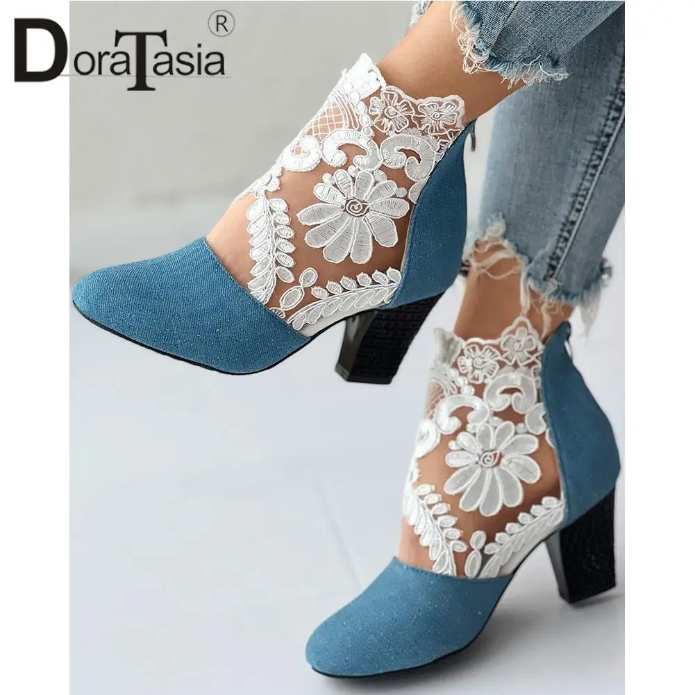 New Ladies Summer Autumn Ankle Boots Fashion Denim Lace Embroider Mesh Breathe Thick High Heels women's Boots Party Shoes Woman