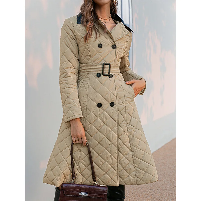Autumn and Winter Lapel Double-breasted Lace-up Stitching Long Cotton Padded Jacket Brown Ladies Retro Windproof Cotton Jacket