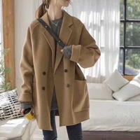 loose wool blend coat autumn winter warm casual commute outwear england style women lapel single breasted solid colors overcoats