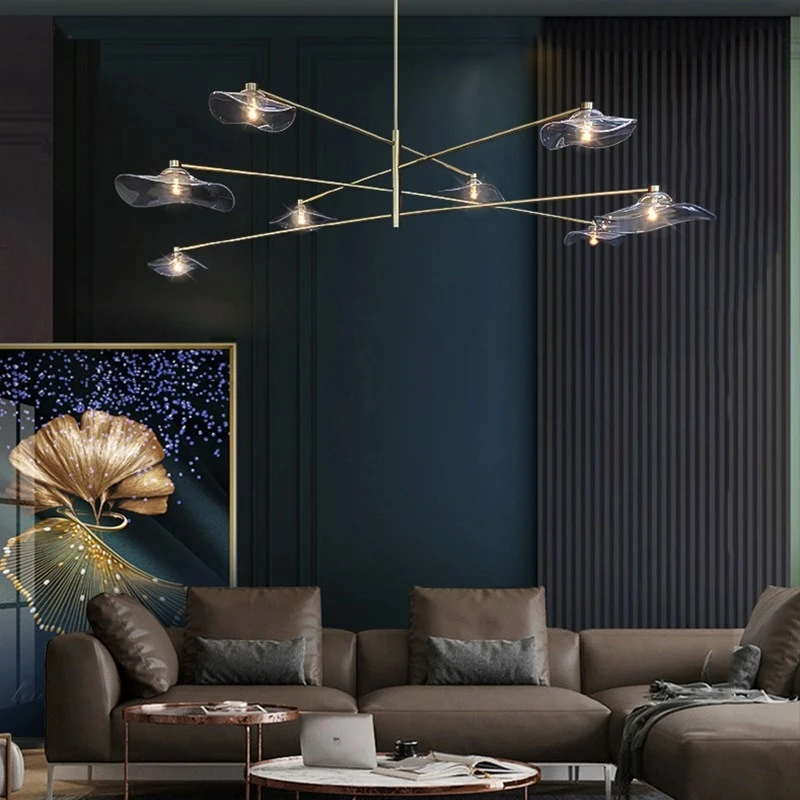 

Роскошная люстра Kobuc в новом стиле, стеклянный светильник с абажуром в виде листьев лотоса, современный дизайн, золотистая черная лампа для ...