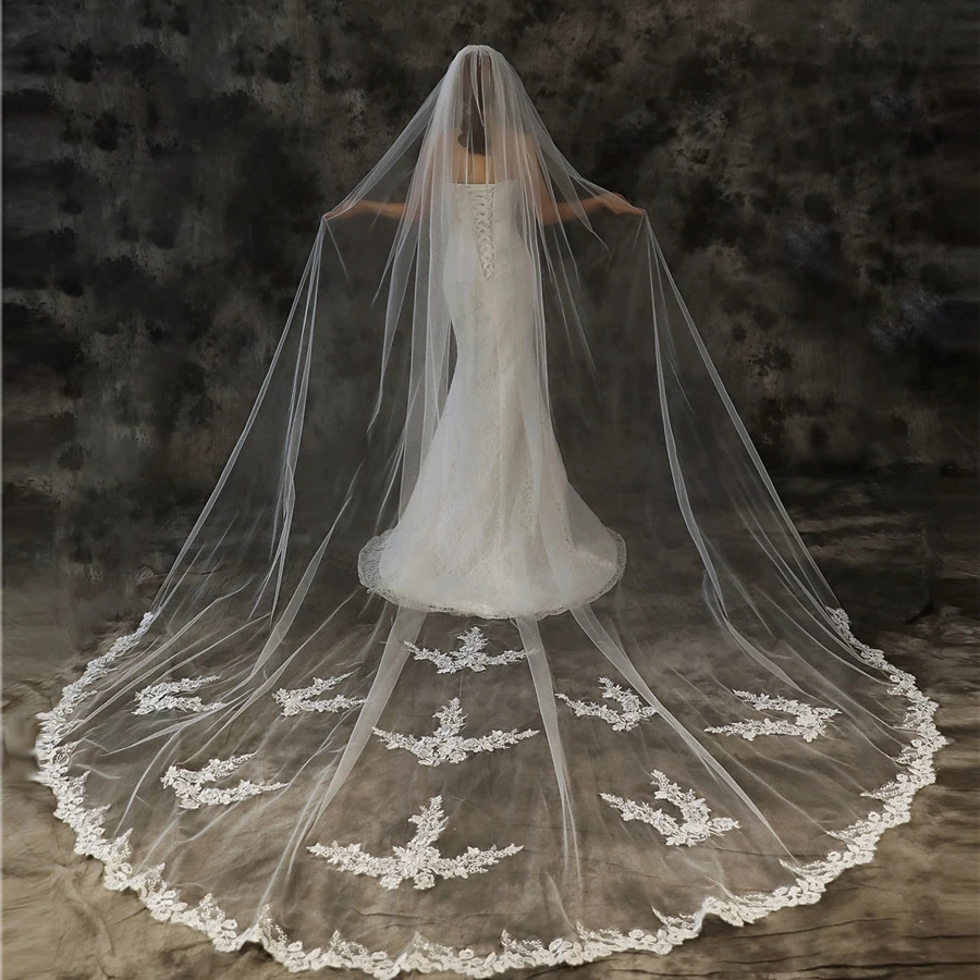 

New Arrival voile maria Cathedral Wedding veils Lace Appliqued Bridal veil Boda Velos de novia Cheap Wedding accessories mariage