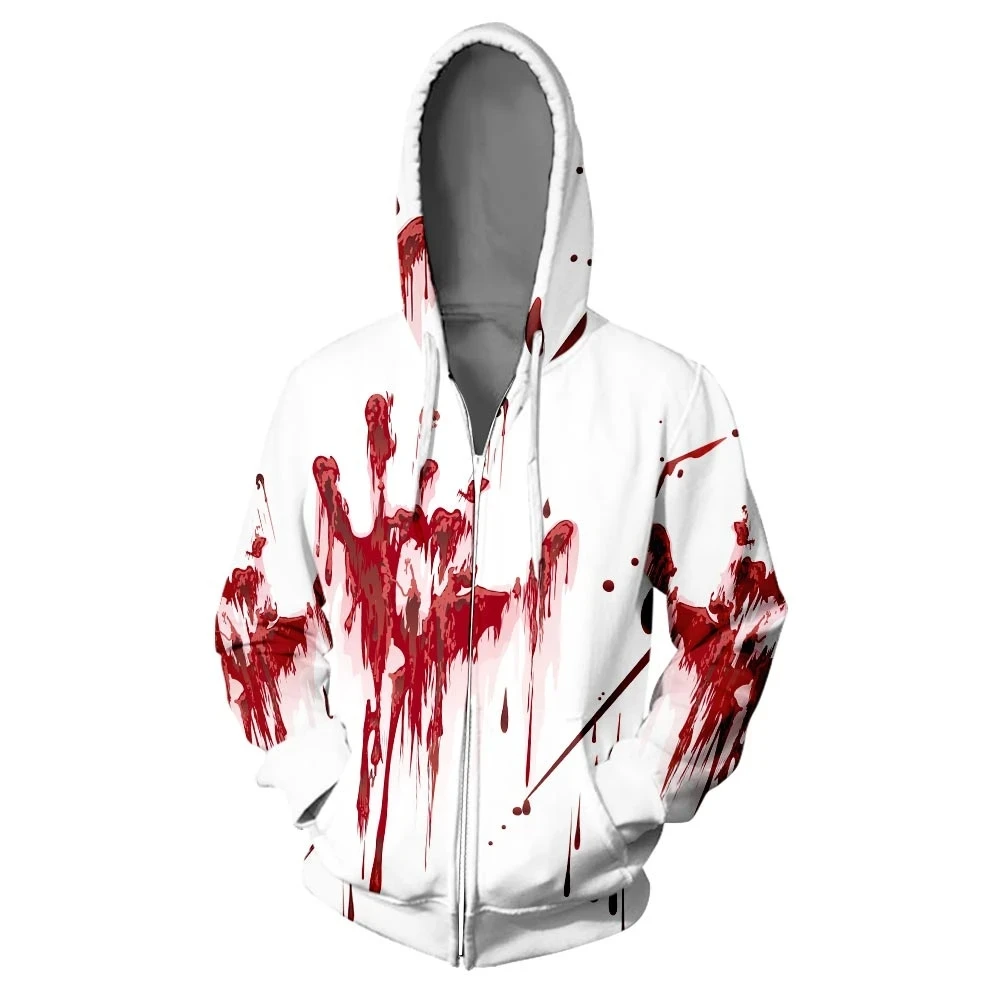 

2023 New 3D Hoodie Zipper Blood Splatter Men's Women's Horror Halloween 3D Zipper College Cosplay Costumes Full size range