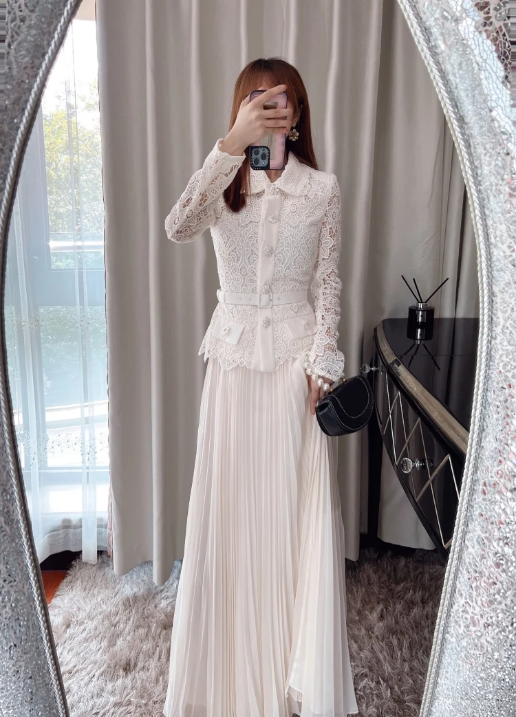 Women's Midi Robe Lace Belt Turn-down Collar Single Breasted Splicing Pockets Pleated Dress Vintage