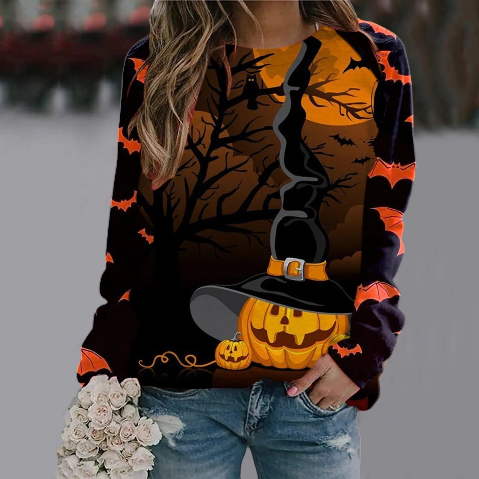 Женский свитшот с длинным рукавом и изображением тыквы кота |