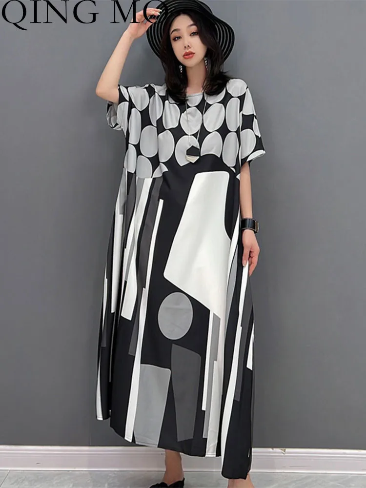 

QING MO Women Polka Dots Stripe Printing Dress Loose Mid-length Leisure Short Sleeve Dress Grey Green 2023 Summer LHX1263A