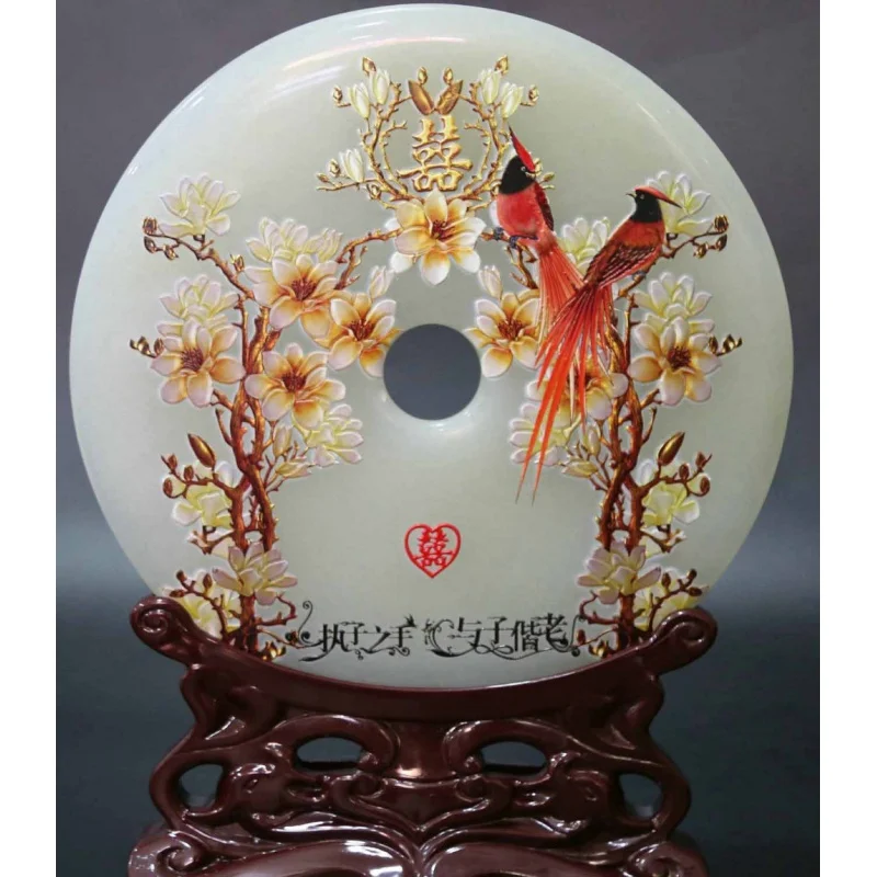 

11,8 "Китайская белая Нефритовая резьба из сосны приветствие гостей холм пинан нефритовый Bi удерживает ваши руки и растут вместе