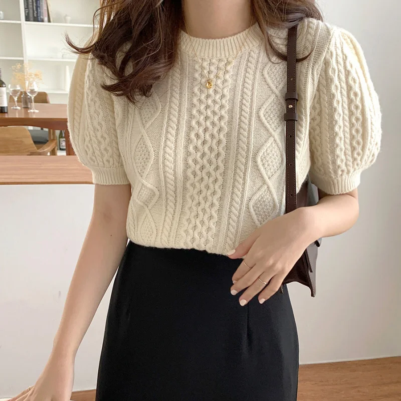 

Симпатичные вязаные пуловеры с завязками в стиле Kawaii, короткий свитер для женщин, новинка весны, корейский однотонный короткий свитер, женский топ с буффами на рукавах