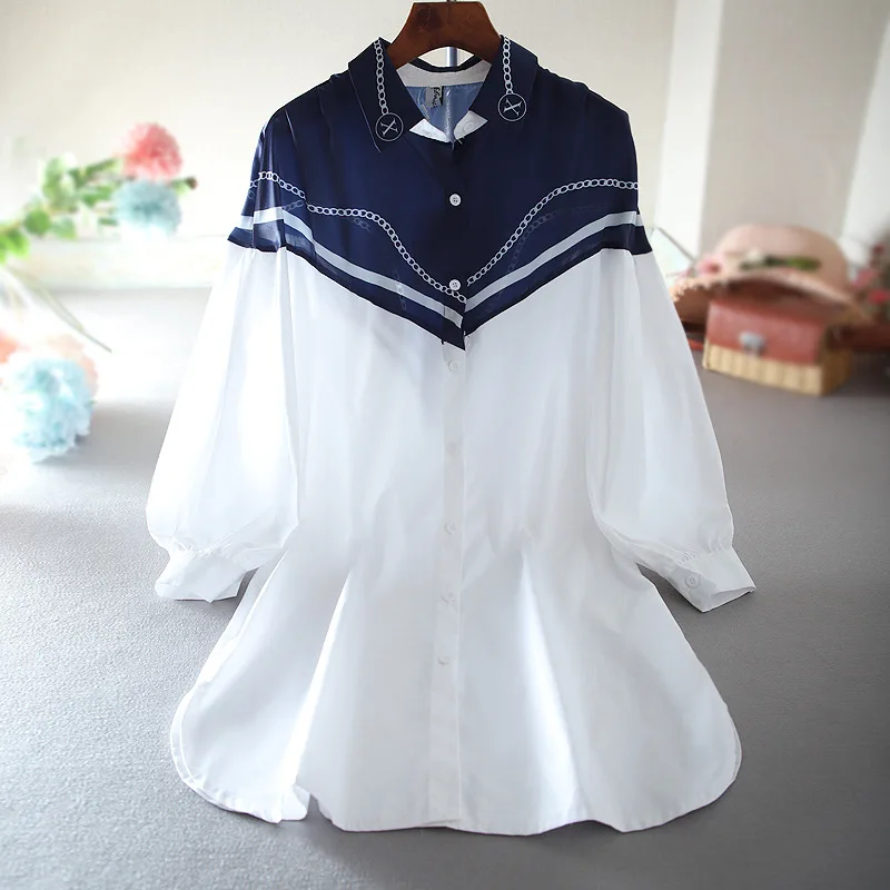 

SuperAen 2022 Spring/Autumn Fashion Contrast Color Patchwork Printing Lantern Sleeve Shirt Skirt Loose Casual Dresses Women