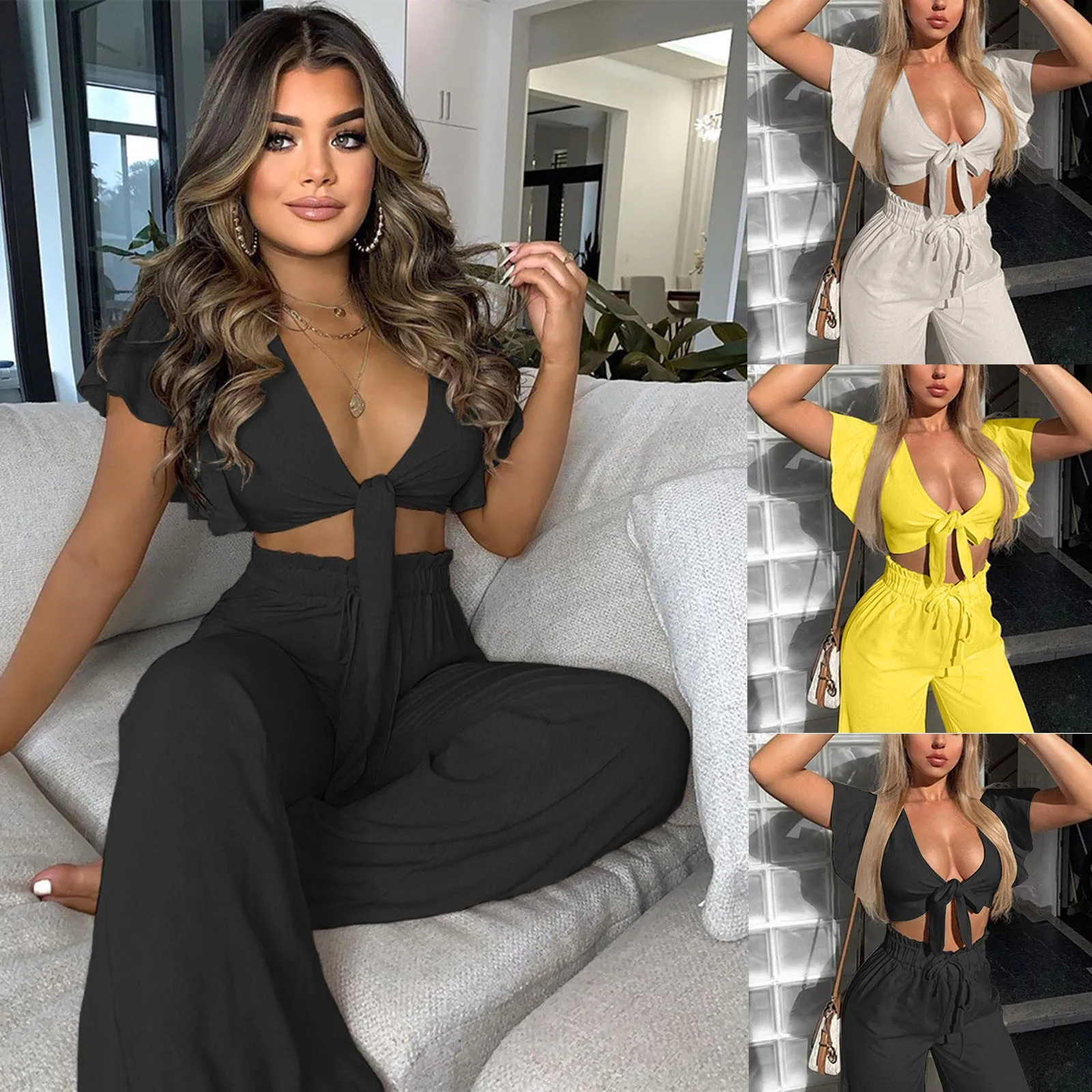 

European and American Sexy Deep V Neck Short Sleeve Women's Elegant Bow Tie In Solid Color, Nine Top Wide Leg Trouser Suit