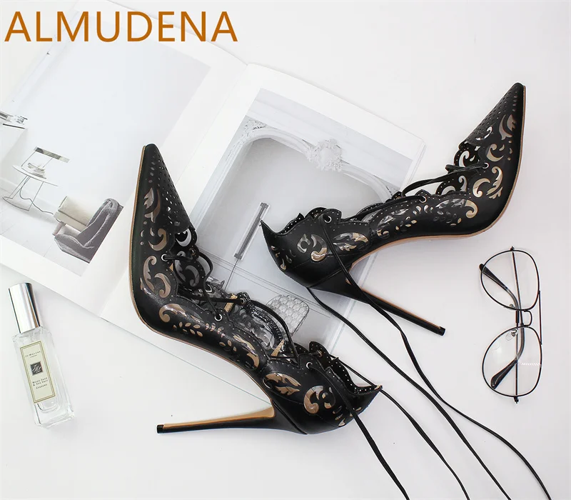 

Women Pumps Pointed Toe Thin Heel Solid Hollow Lace Up Cross Tied Shoes Mature Sexy Modern Party Shoes Shallow Super High Heels
