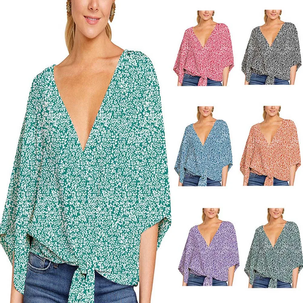 Sexy V Neck Long Flare Sleeve Floral Print Loose Chiffon Blouse Summer Fashion Lace Up Blouse Tops