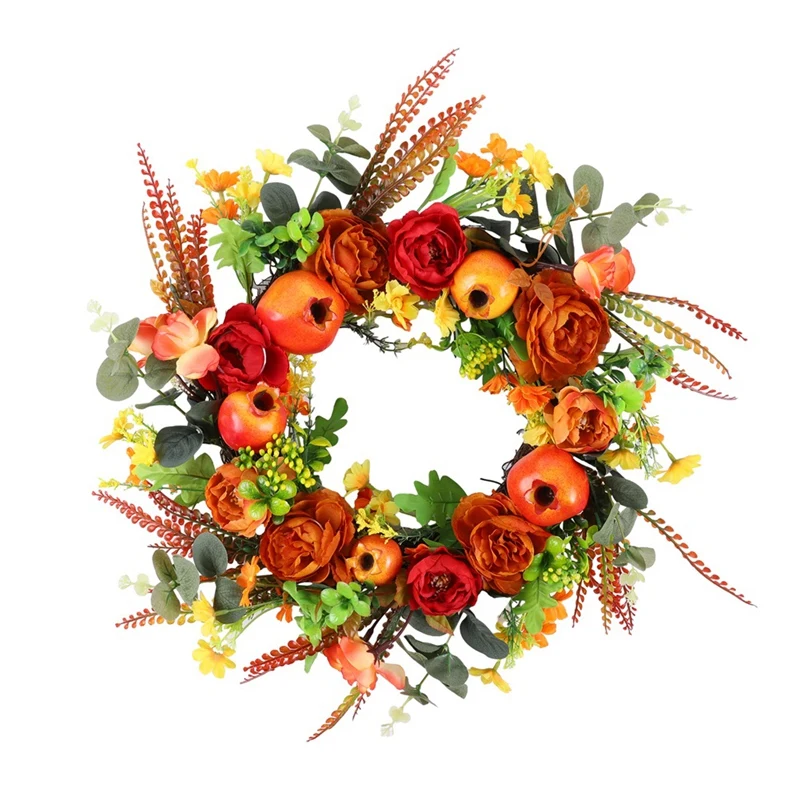 

Fall Harvest Wreaths Decor for Front Door hanksgiving Farmhouse Peony Fruit Wreath with Pomegranate for Autumn Window Wall Decor