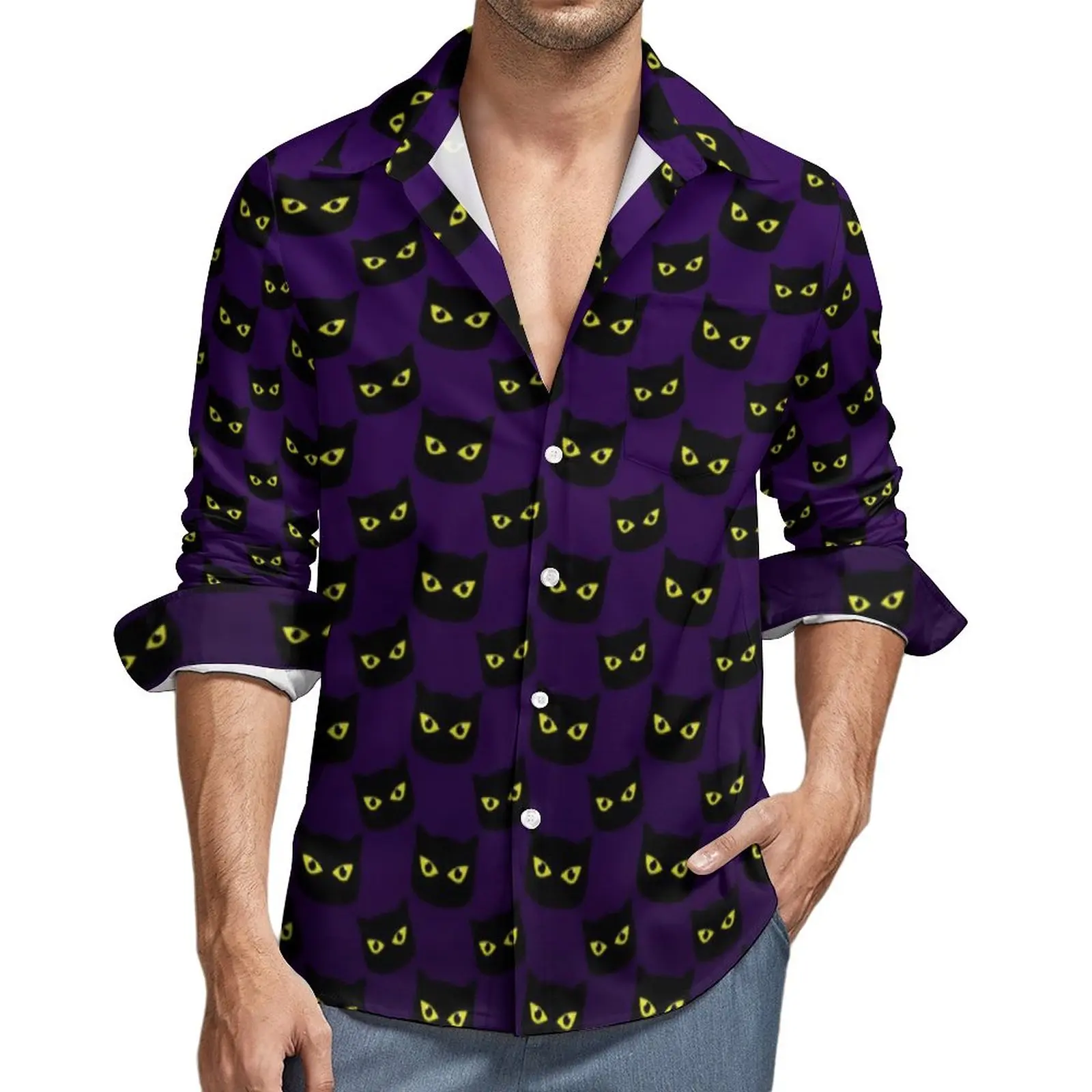 

Black And Purple Cats Casual Shirts Man Halloween Print Shirt Long Sleeve Novelty Street Blouses Autumn Custom Clothes Plus Size