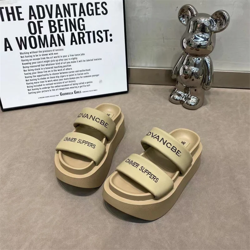 Summer 2023 Chunky Sandals Women's Thick Bottom Wedge Heels Slides 8CM High Heels Platform Leather Casual Beach Flip Flops Woman