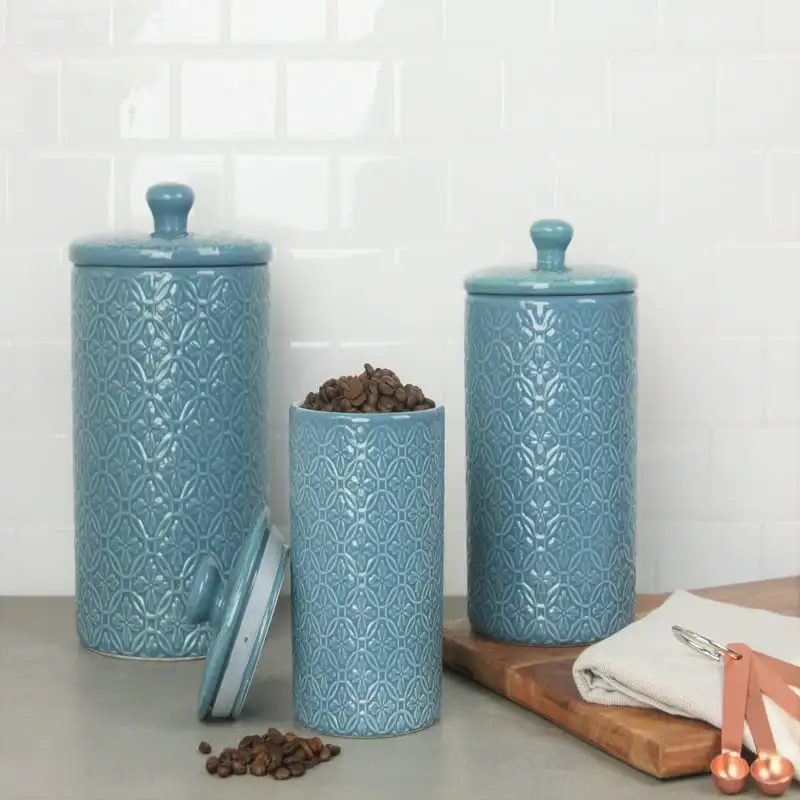

Embossed 3 Piece Ceramic Canister Set, Teal