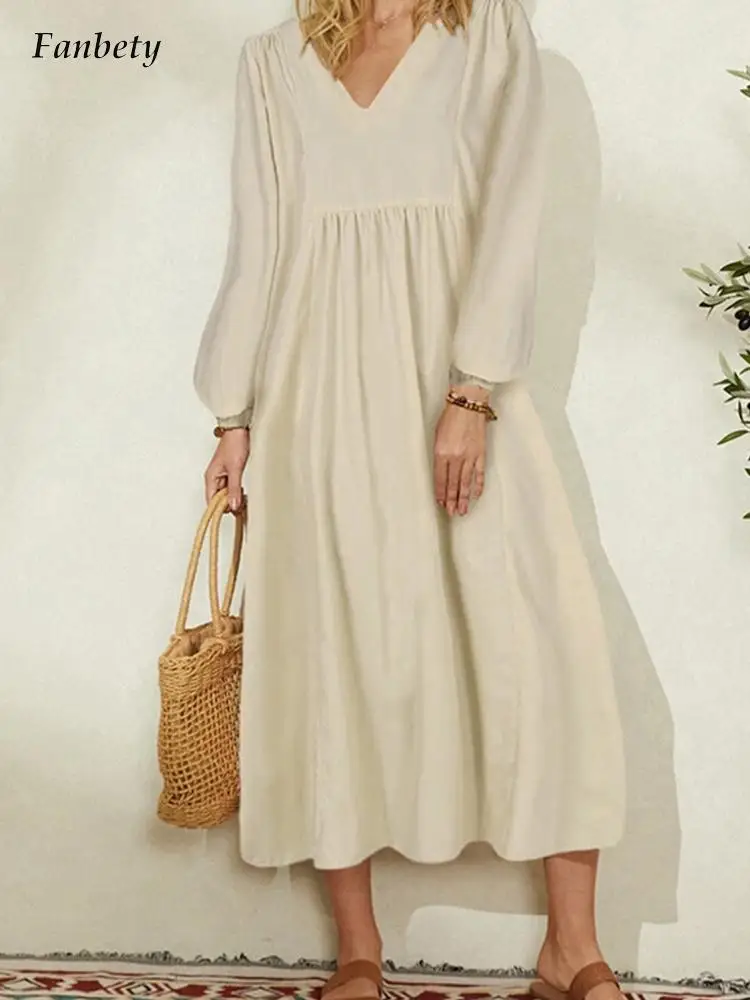 

Lady Sexy Deep V Neck Folds Loose Party Dress Spring Summer Casual Long Sleeve Long Dress Elegant Cotton Linen Solid Beach Dress