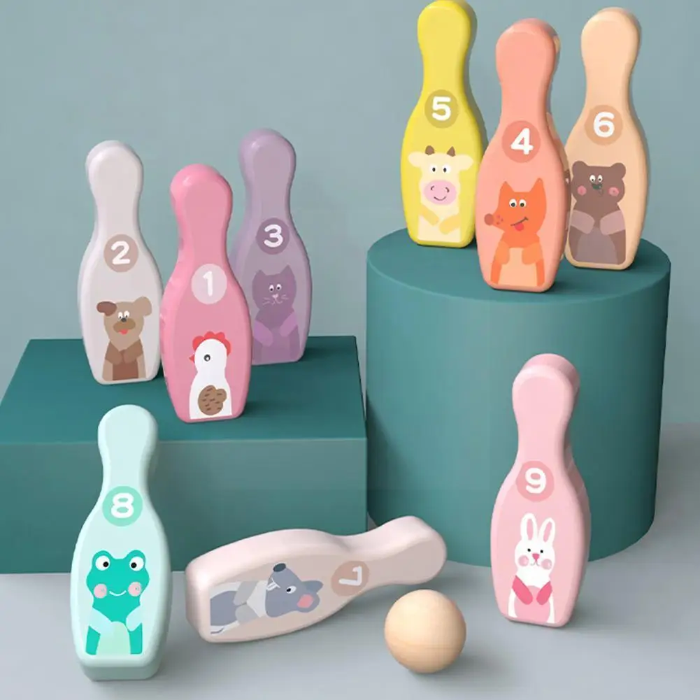 

Kids Wooden Cute Cartoon Animal Bowling Pins Balls Interactive Toy Game Indoor Garden Sport U0q5