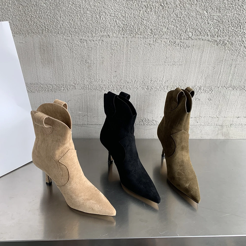 

Flock Women Ankle Boots Autumn Winter Sock Chelsea Booties Thin High Heels Black Beige Green Fashion Party Dress Shoes Slip On