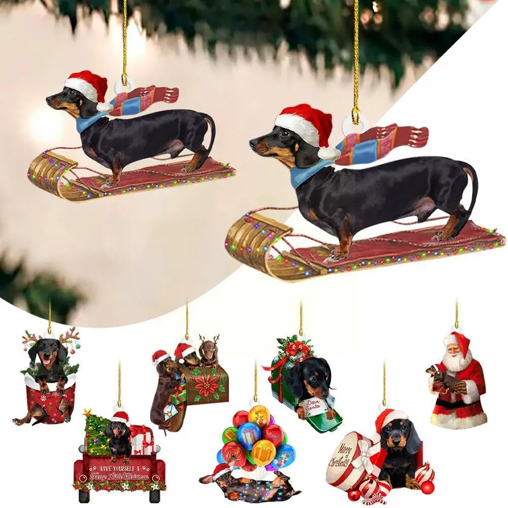 Flat Christmas Dachshund Ornaments Acrylic Christmas Tree Sausage Dog Hanging Ornaments Craft Dog Decor For Home Winter Par E4e6
