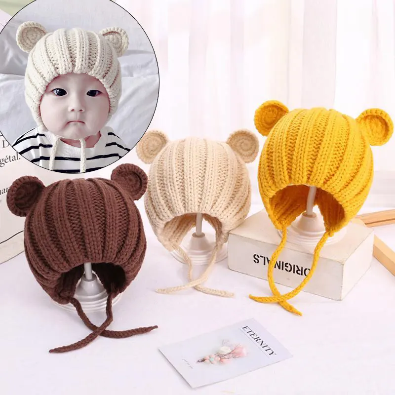 

Bear Ear Baby Hat Warm Knitted Beanies Kids Hat Autumn Winter Cute Baby Girls Boys Hat Ear Protection Bebes Accesorios