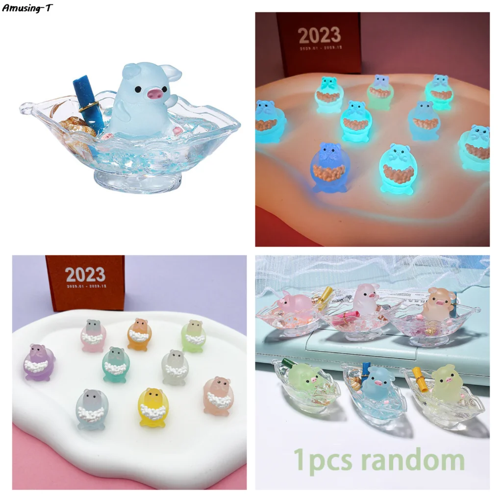 

Luminous Mini Resin Pig on Boat Luminous Bath Pig Car Dashboard Toys Dolls Home Ornament Glow in The Dark Decor