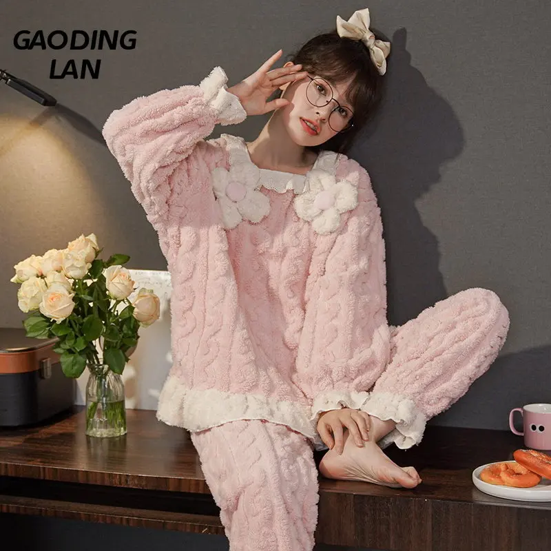 

Women Long Sleeve Thickened Coral Velvet Warm Pajamas Set Female Princess Style Flannel 2piece Sleepwear Home Leisure Wear Suit
