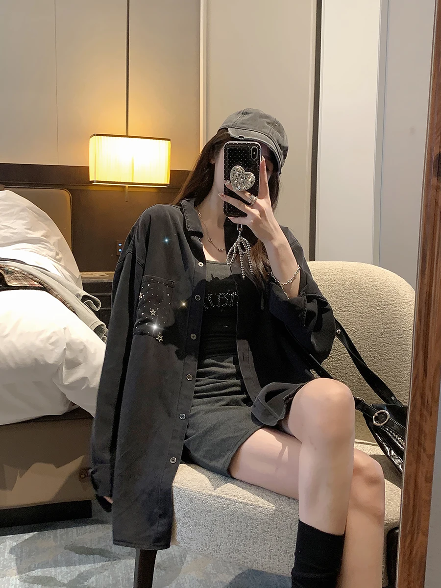 Zhuangda Mud Gray Black Soft Denim XINGX Hot Drilling Shirts Loose Women 2024 Autumn and Winter New Long sleeve Outerwear