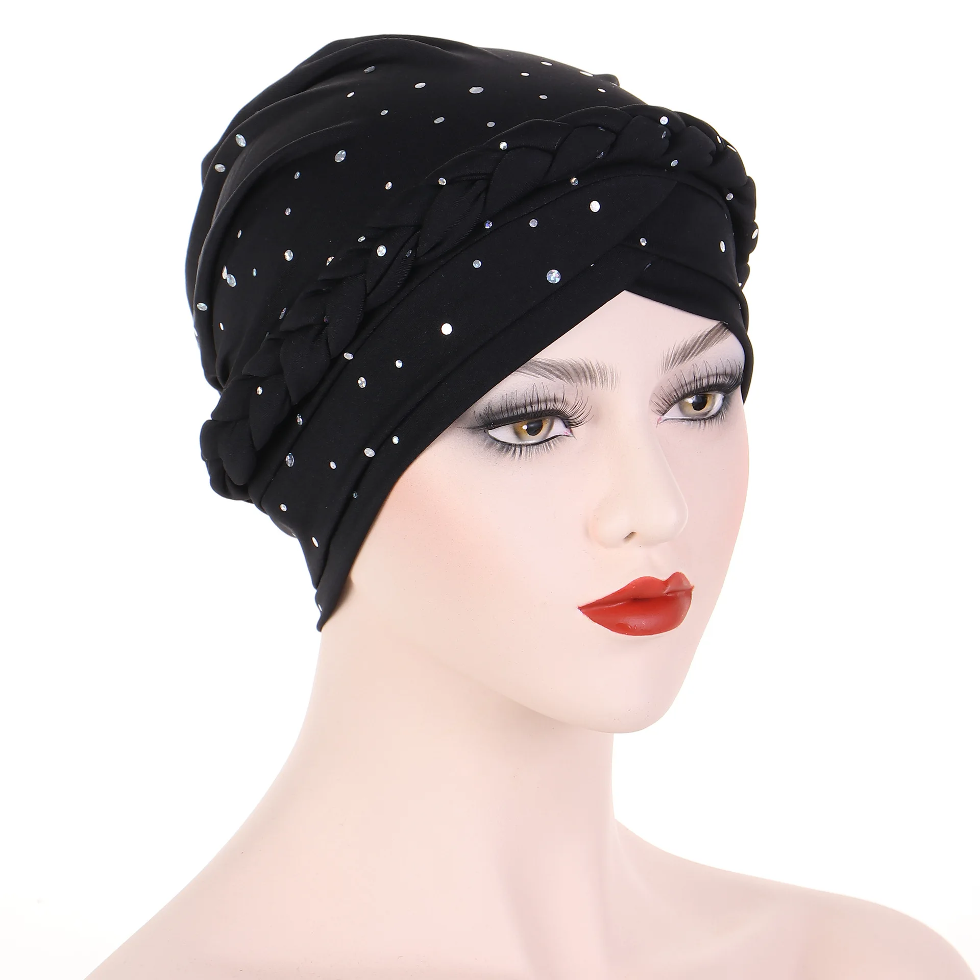 Women Turban Cap Beaded Headscarf Beanie African Braid Cap for Women Twisted Beaded Braid Wrap Hat Turban for Muslim Women