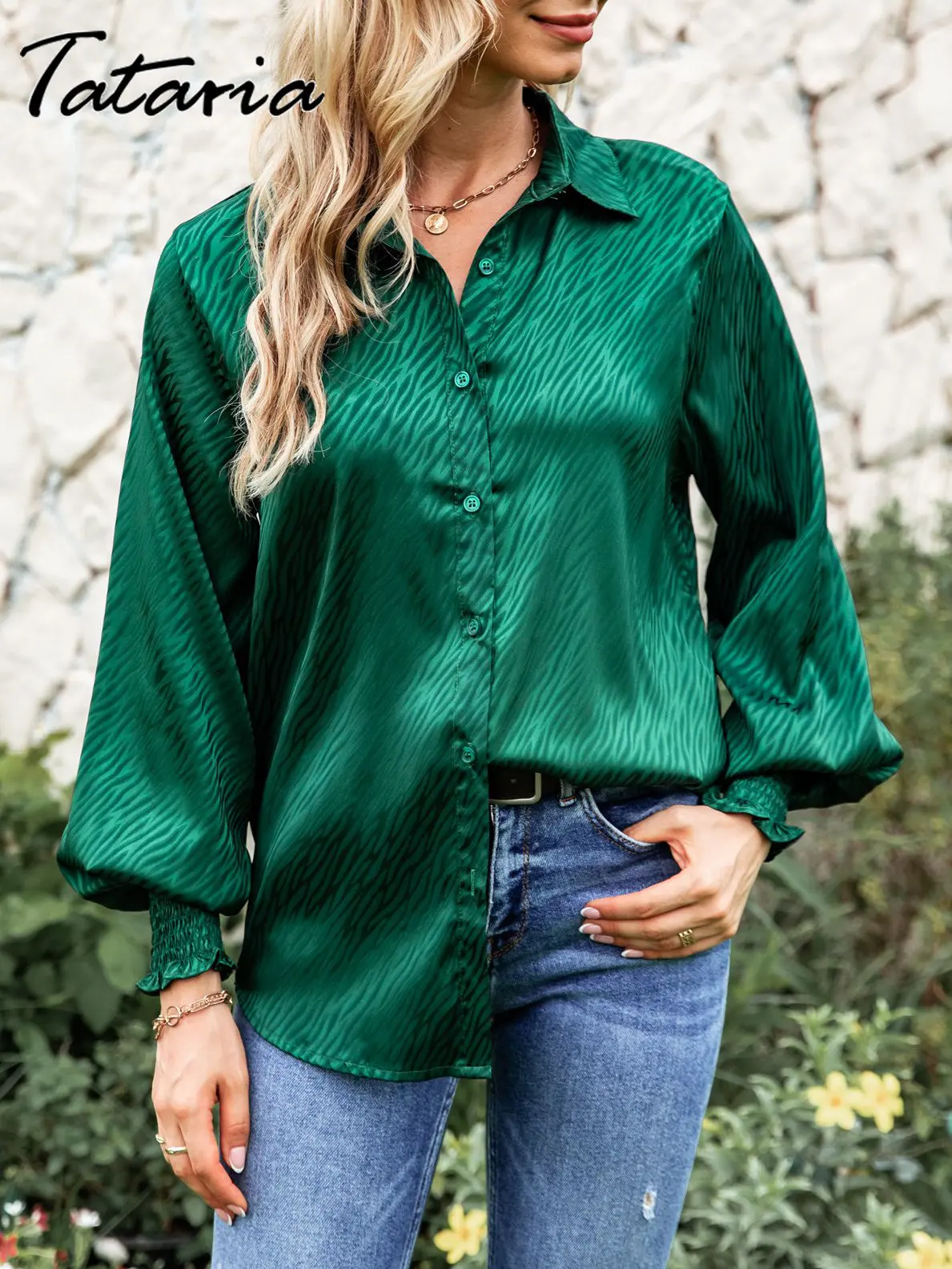 

Шелковая атласная рубашка с принтом для женщин, 2023 весенние Полосатые блузки с рукавами-фонариками, элегантные Зеленые офисные женские рубашки на пуговицах