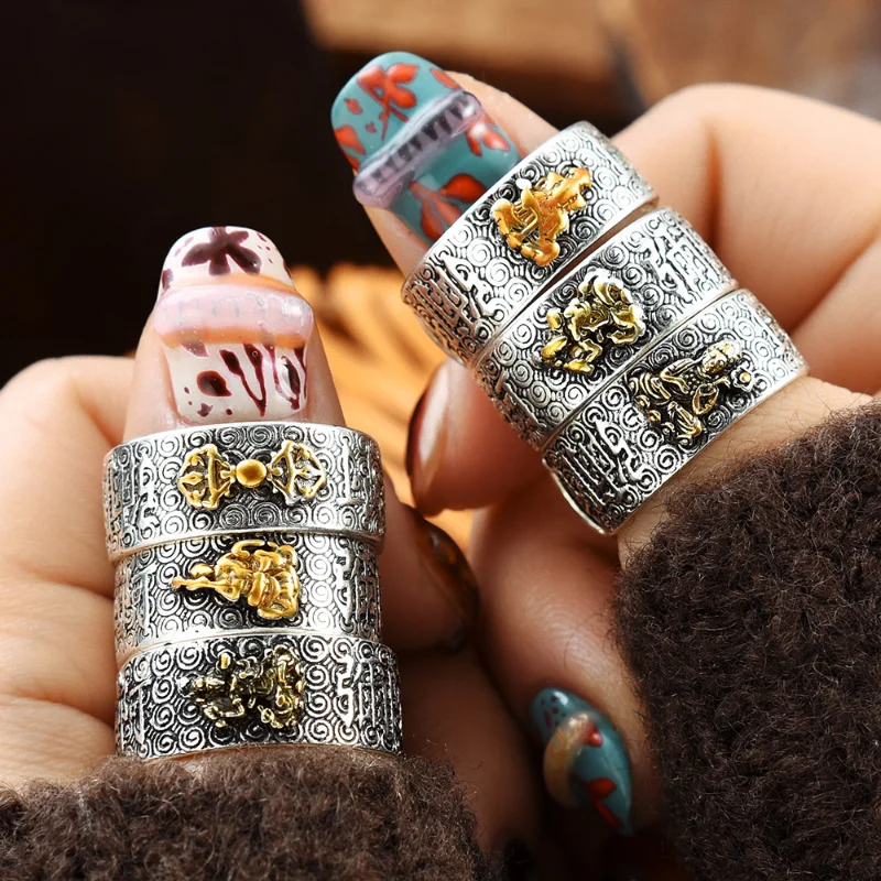 

Chinese Retro Pixiu Rings Five Emperors Copper Coins Six Words Truth Amulet Ring Lucky for Men Women Buddhist Religious Jewelry