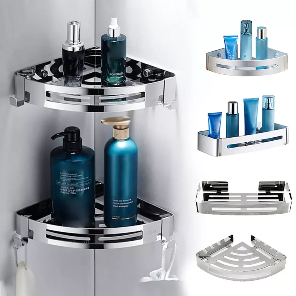 

Shelf Shower Stainless Steel Kitchen Organizer Sucker Wall Mounted Corner Shelf Kitchen Organizer No Punch with Hook