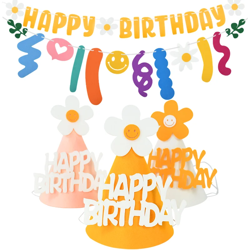 

White Little Daisy Flower Kids Birthday Hat Happy Birthday Banner Pull Flag Decoration Baby Shower Boy Girl Headband Tiara Gifts