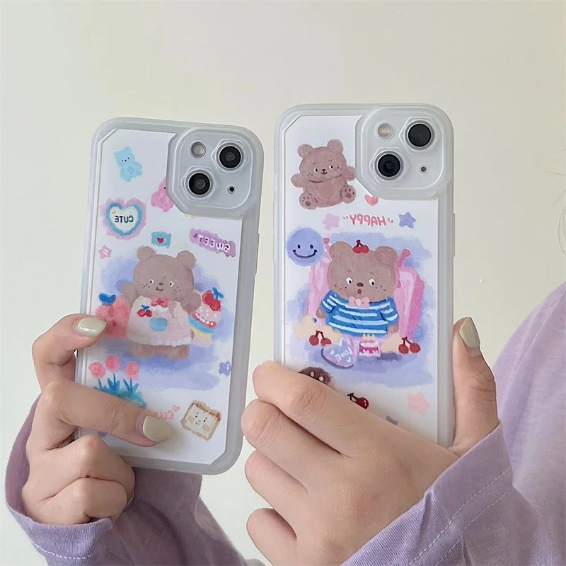 

Luxury Cute Cartoon Oil Painting Bear Phone Case For Iphone 13 12 Pro 11 X XR XS Max 8 7Plus Antislip Shockproof Soft Back Cover