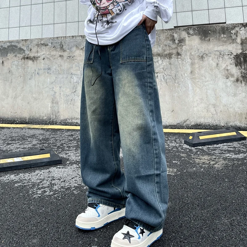 Men Clothing 2022 New Pattern Recreational Vintage Nostalgia Blue Jeans Straight Cylinder Loose Street Trousers Autumn Female