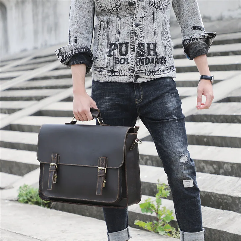 PNDME high quality crazy horse cowhide men's briefcase business laptop handbag shoulder bag genuine leather lawyer messenger bag