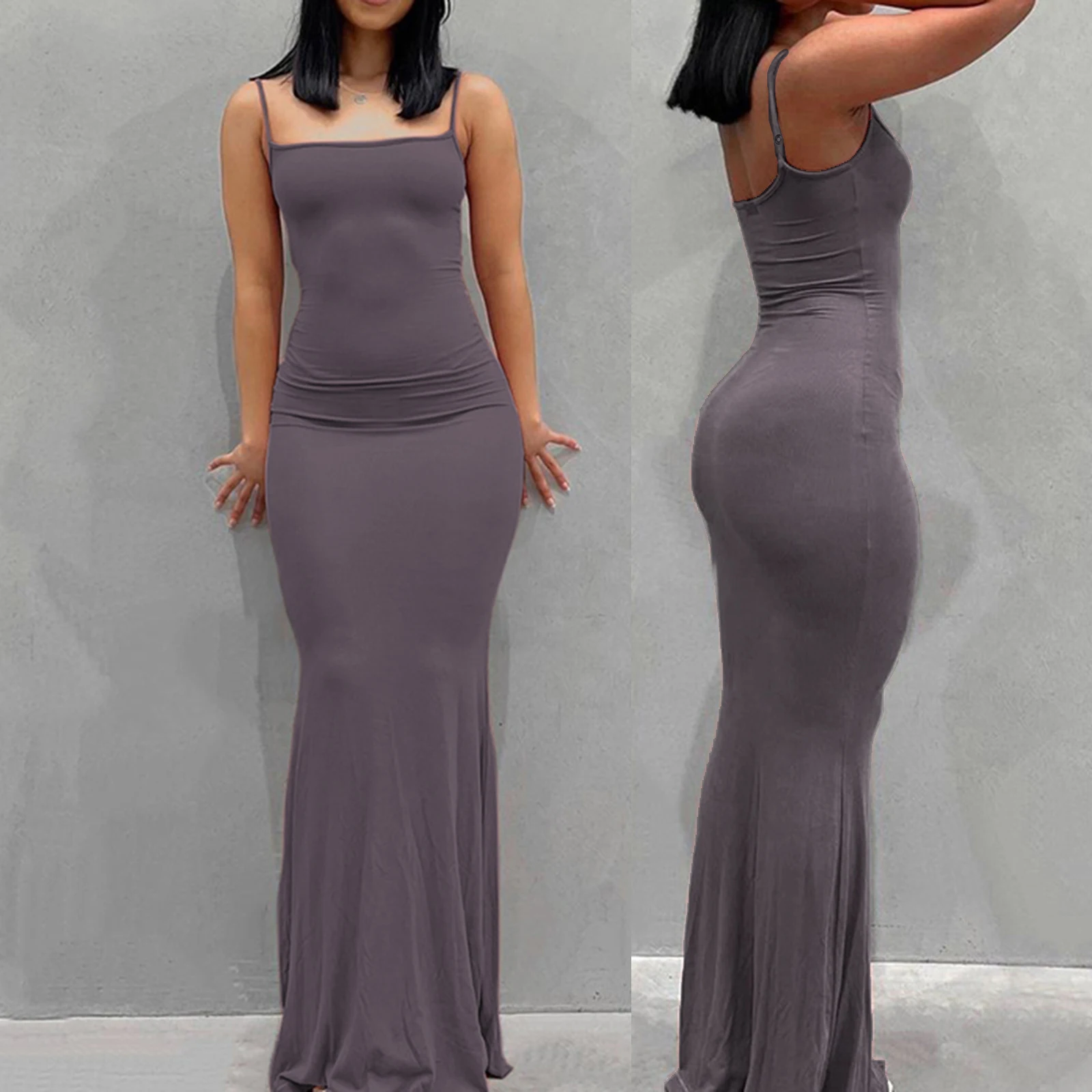 Женское однотонное платье-комбинация без рукавов на тонких бретельках