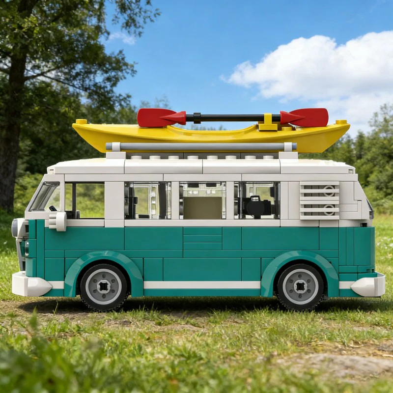 Фото Конструктор MOC Technical Car T1 Turquoise Camper Van, модель MOC-98772, креативные строительные блоки, модульная сборка, подарок на день рождения №1