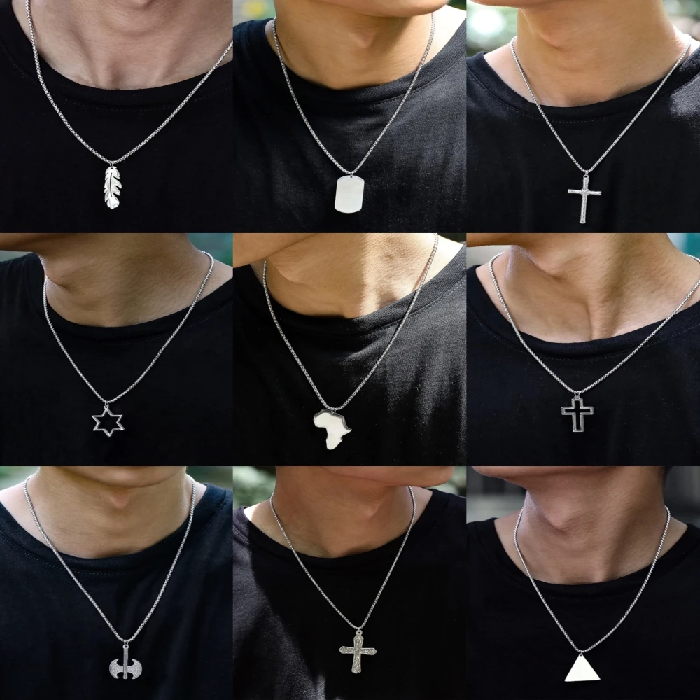 

2022 New Stainless Steel Feather Cross Pendant Necklace For Men Chain Jewelry Collar De Hombres