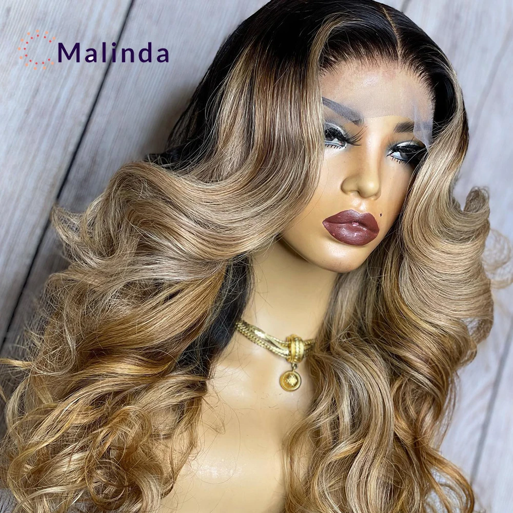 

Dark Roots Ombre Blonde Color Human Hair Wigs Body Wave 4x4 HD Transparent Lace Frontal Wigs Glueless Ready To Wear For Women