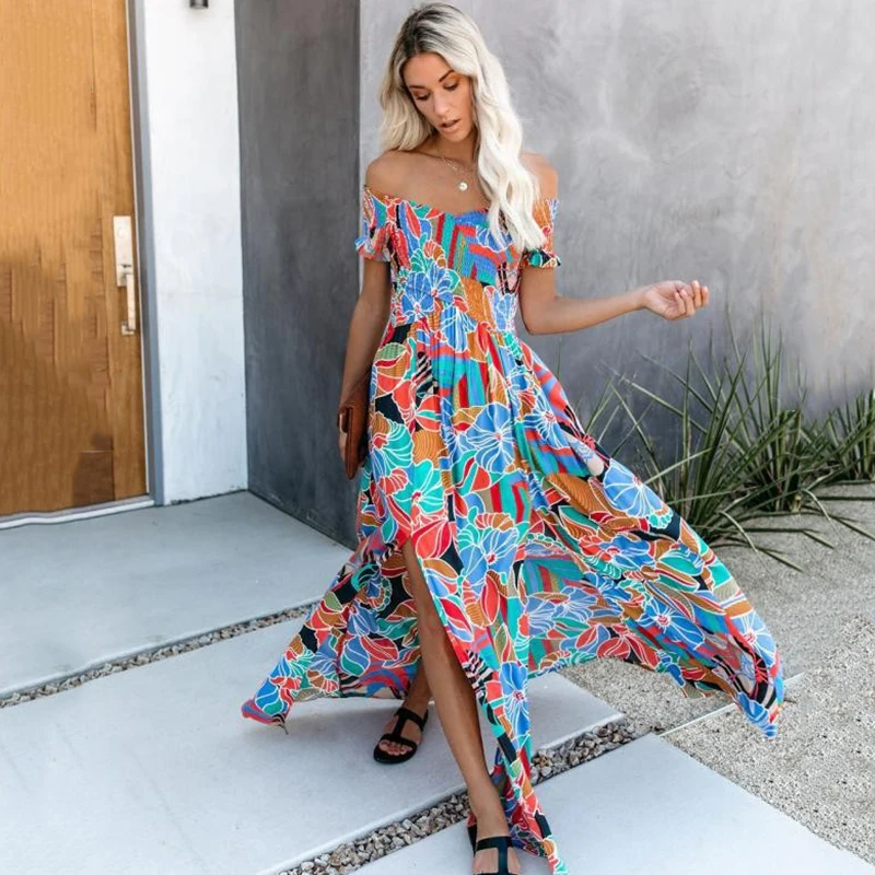

Elegant Off Shoulder Floral Print Summer Boho Dresses For Women 2022 Vintage Short Sleeve Split Holiday Midi Dress Beach Dress