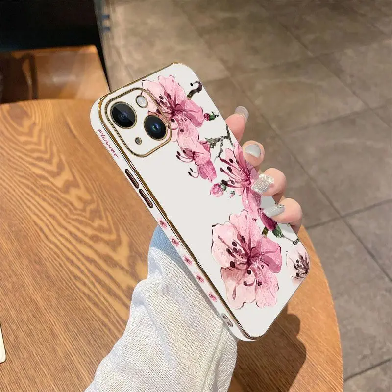 Ink Peach Blossoms Luxury Plating Phone Case For iPhone 14 13 12 11 Plus Pro Max Mini X XR XS SE2020 8 7 6 6S Plus Cover