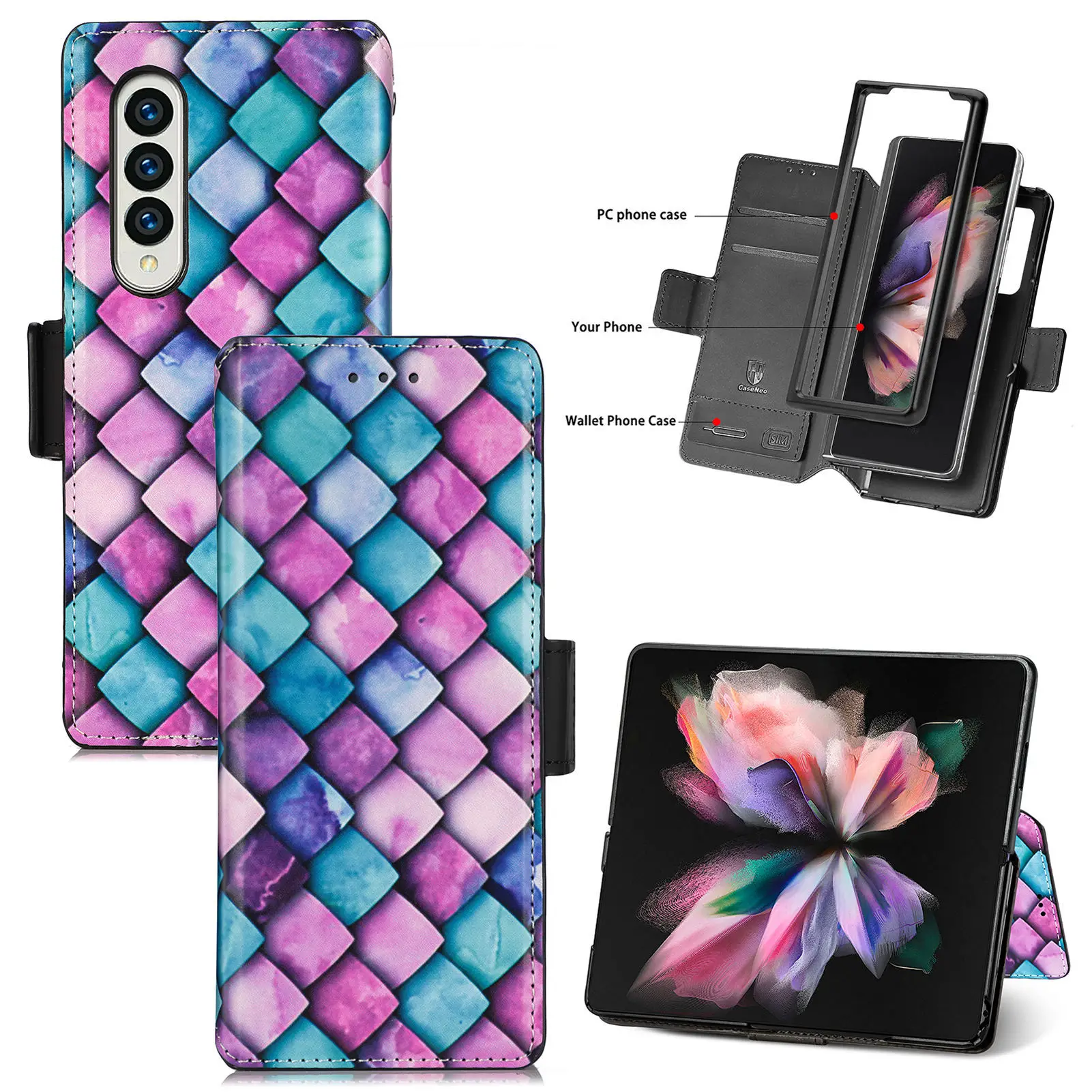 

Геометрический флип-чехол-бумажник для телефона Samsung Galaxy Z Fold 4 3 Fold4 Fold3 5G держатель для карт Магнитный кожаный чехол с подставкой