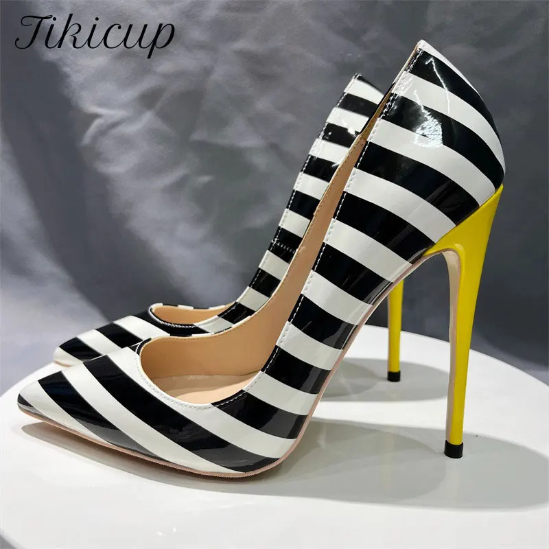 

Tikicup Black White Stripes Print Women Pointy Toe Stiletto Pumps with Yellow Heels 8cm 10cm 12cm High Comfortable Dress Shoes