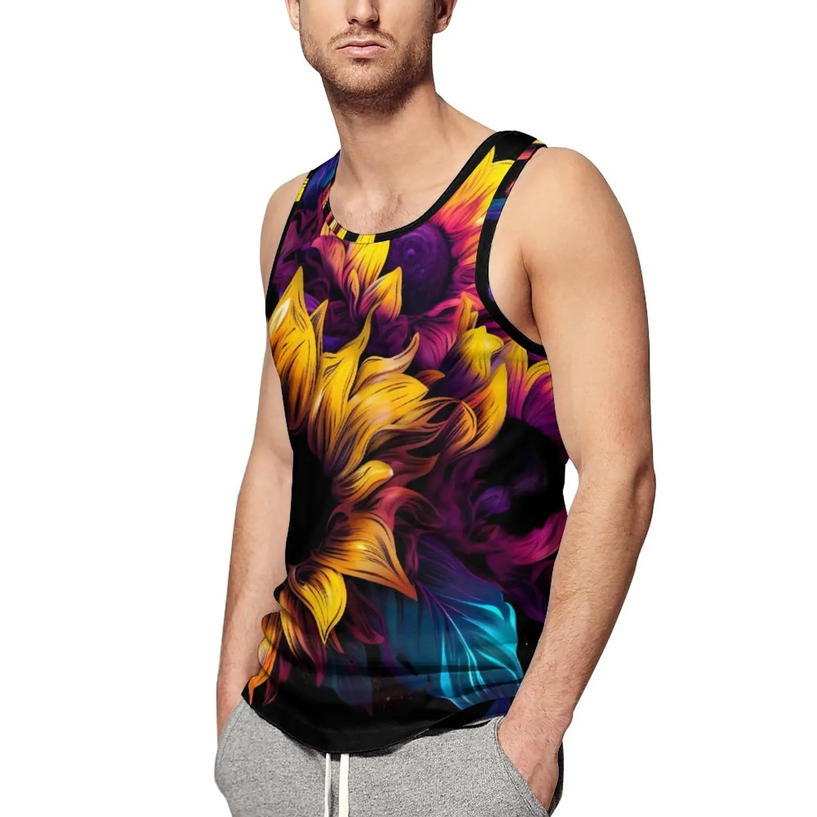 

Watercolor Sunflower Tank Top Man's Colorful Flowers Muscle Tops Summer Workout Custom Sleeveless Shirts Large Size