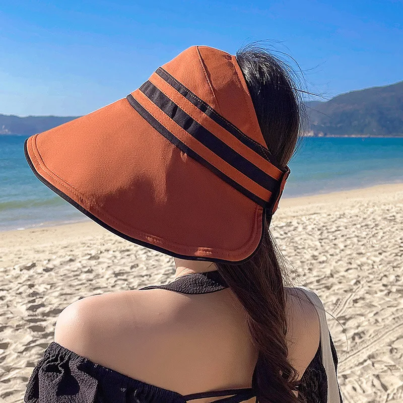 

Sun Hat Stripe Woman Wide Brim UV Protection Foldable Casual Sunhat Summer Outdoor Beach Lady Sunscreen Bucket Cap UPF50+ Vinyl